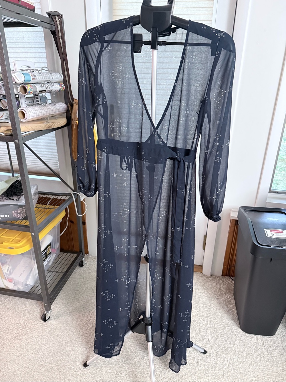The Fifth Label Navy Blue Sheer Wrap Maxi Dress with white pattern Detail sample
